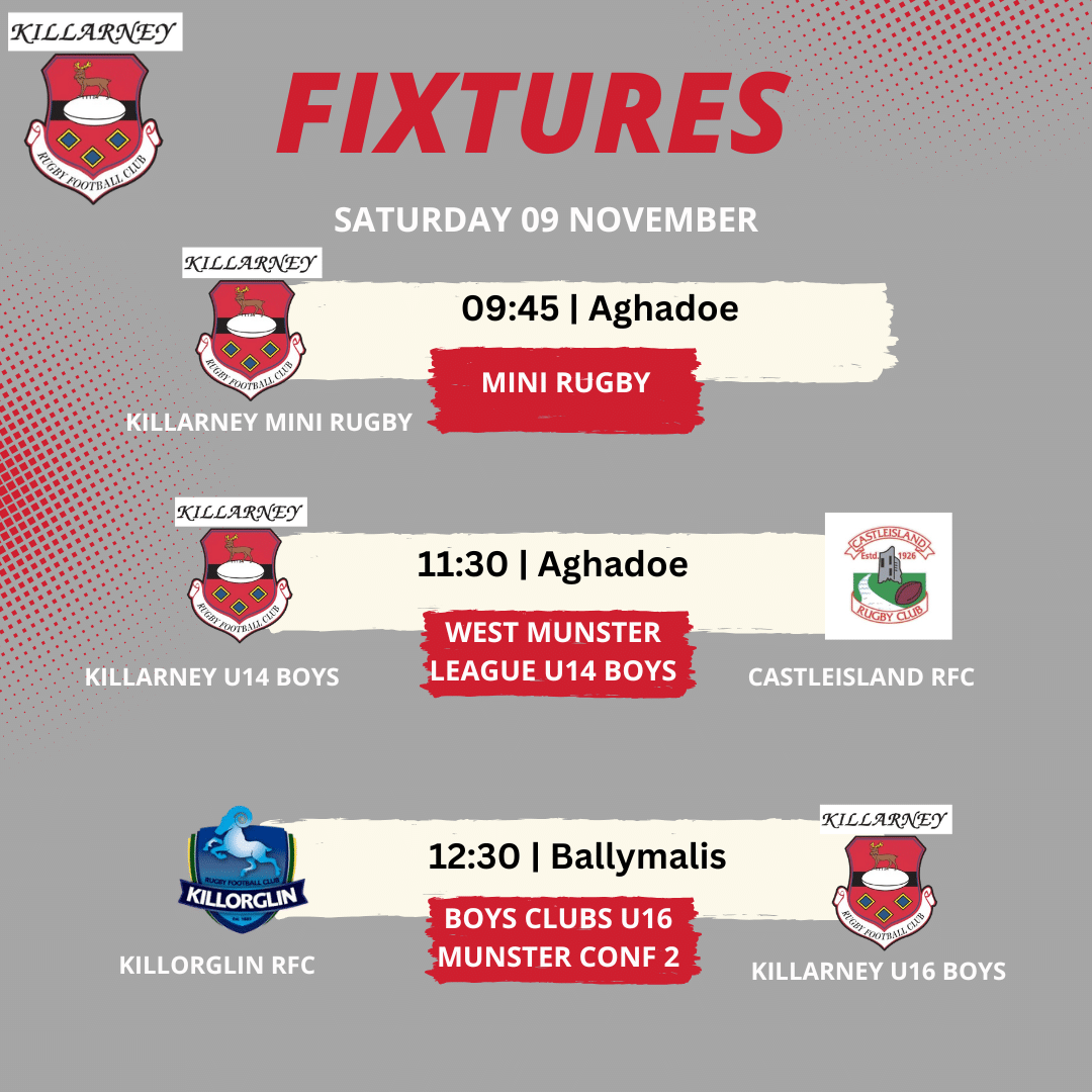Killarney RFC Weekend Fixtures 9th/10 November
