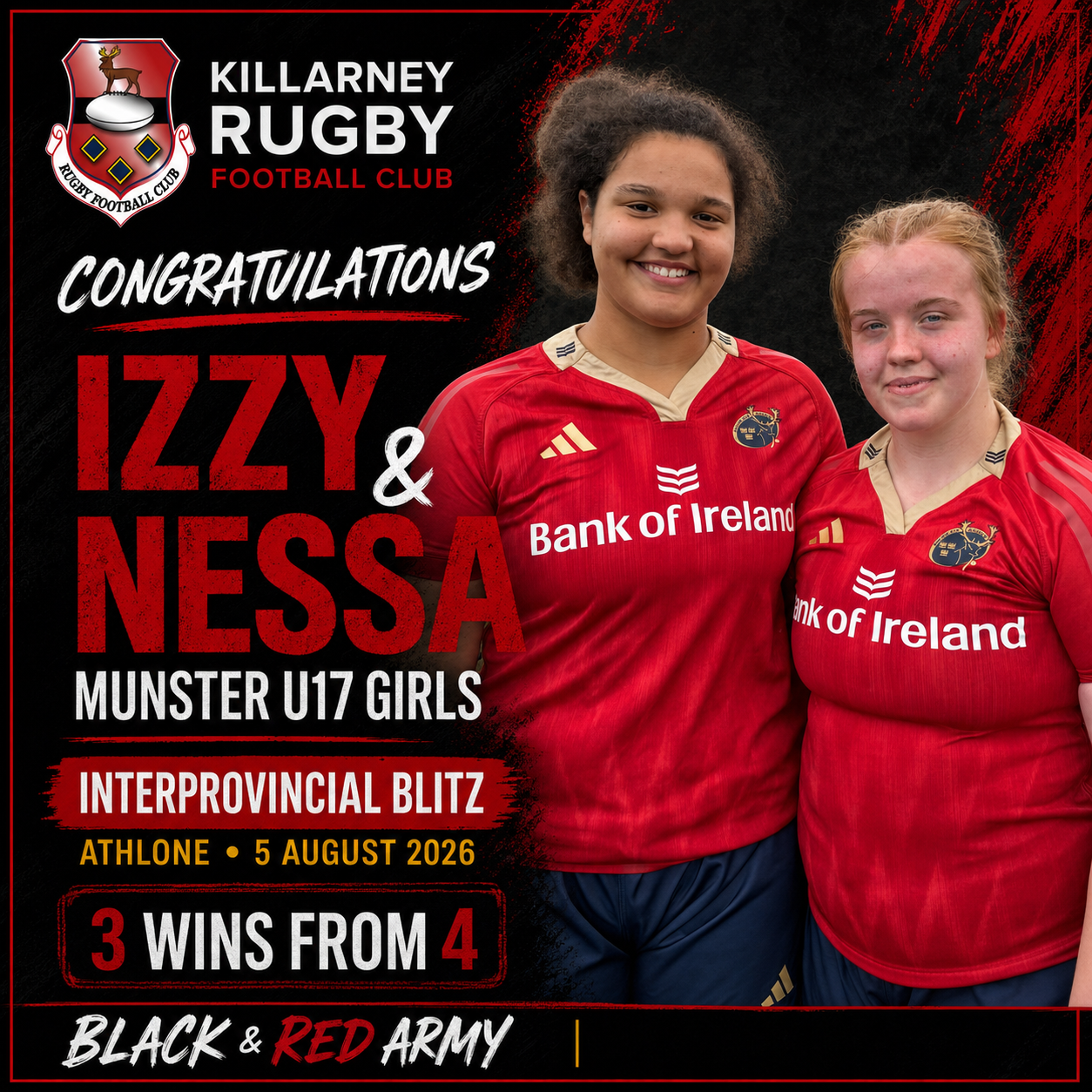 Killarney RFC congratulates Izzy Hilario and Nessa O’Donoghue after representing Munster U17 Girls at the 2026 Interprovincial Blitz in Athlone.