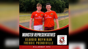 Gearoid Moynihan and Freddie Prendiville representing Munster Rugby, Killarney RFC branded