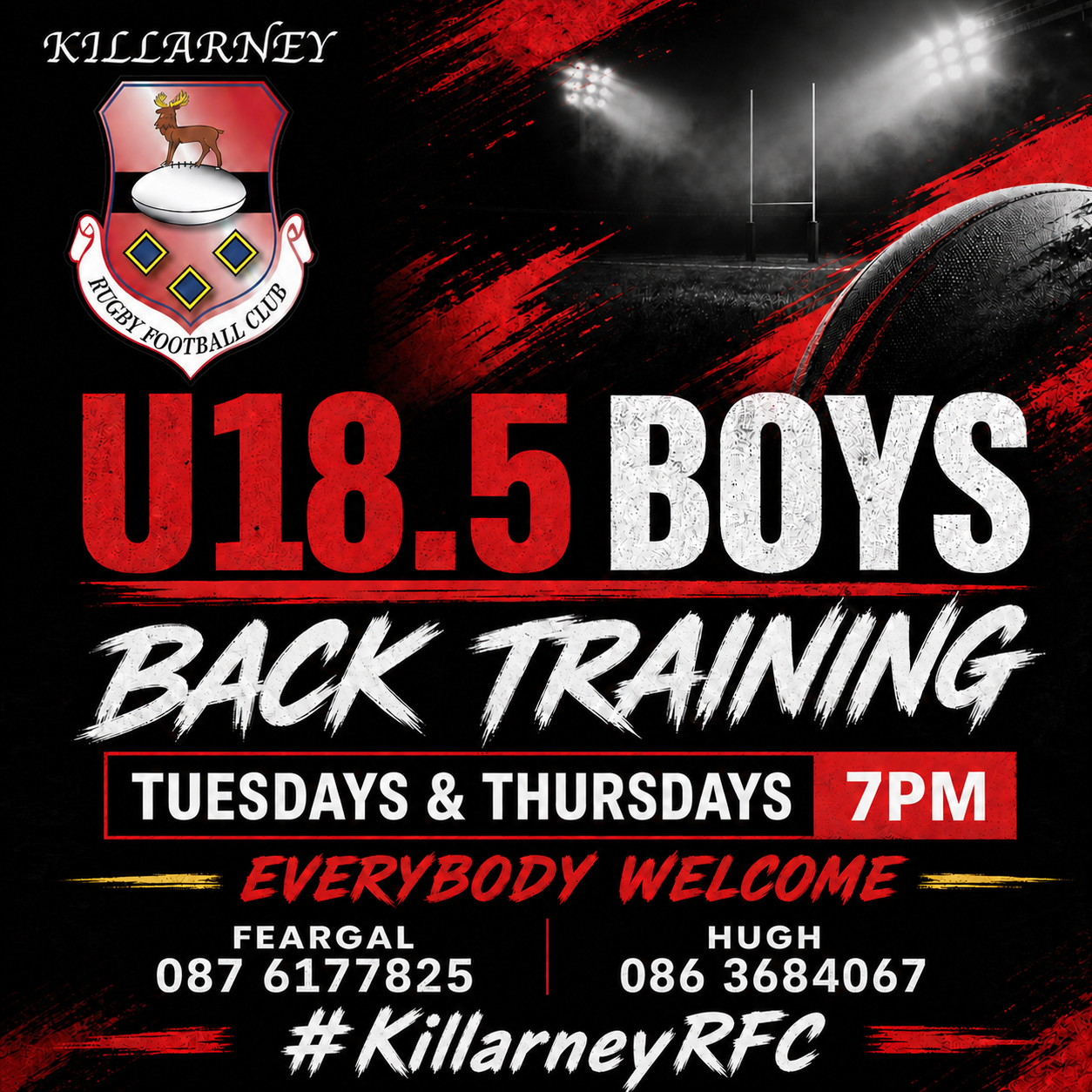 Killarney RFC U18.5 Boys are back training on Tuesdays and Thursdays at 7pm. Everybody is welcome.
