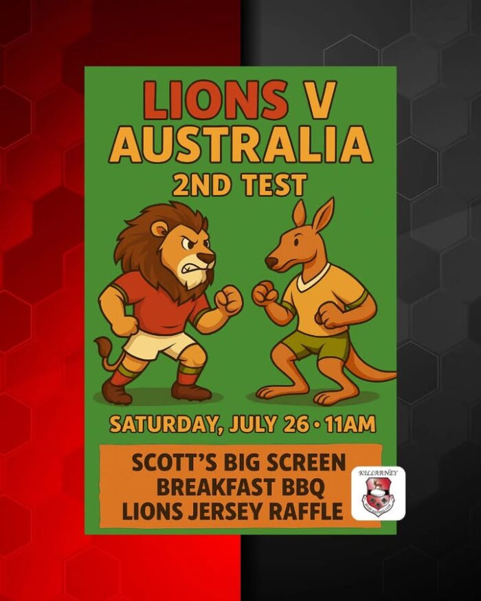 ***Reminder***

🦁 Lions Watch Party – 2nd Test vs Australia🦁
📍 @scottshotel 
📅 Saturday, 26th July
🕚 Kick-off: 11:00am

Join us this Saturday morning as the Lions take on Australia in the Second Test of the series! Well be showing the game live on the big screen at Scotts Hotel – the perfect place to soak up the atmosphere with fellow rugby fans 🏉🔥

🍔 The BBQ will be in full swing
🎟️ Don’t miss our Lions Jersey Raffle

Get down early, grab a spot, and let’s roar on the Lions together!
All welcome – support your club, enjoy the game, and be part of the buzz.

#LionsTour2025 #LionsWatchParty #KillarneyRFC #SupportYourClub #LionsVsAustralia #ScottsHotel